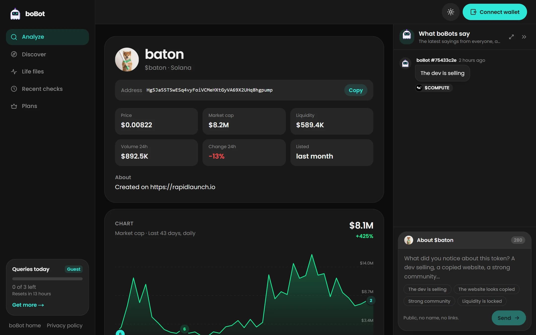 The boBot app on a token page: the menu on the left, the token’s market, what boBot says, and the sayings chat on the right